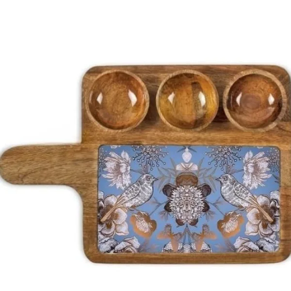 Artistic Mango Wood Snack Serving Platter With Three Bowl Set 16x10 Inch