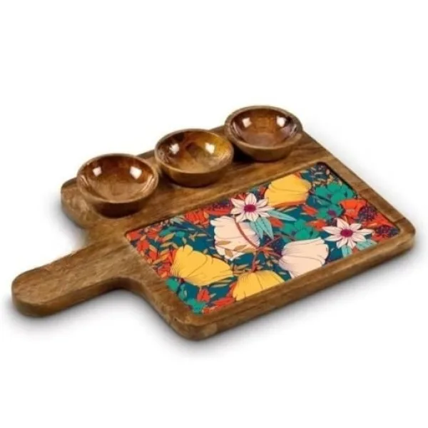Designer Mango Wood Appetizer Tray With Handle And Triple Bowl Layout