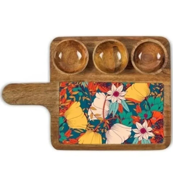 Designer Mango Wood Appetizer Tray With Handle And Triple Bowl Layout