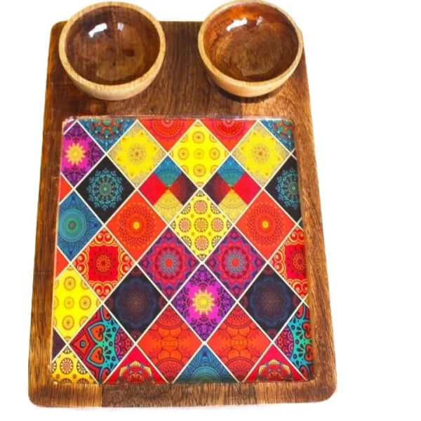 Square Mango Wood Serving Tray With Two Bowl Appetizer Set 12x8 Inch