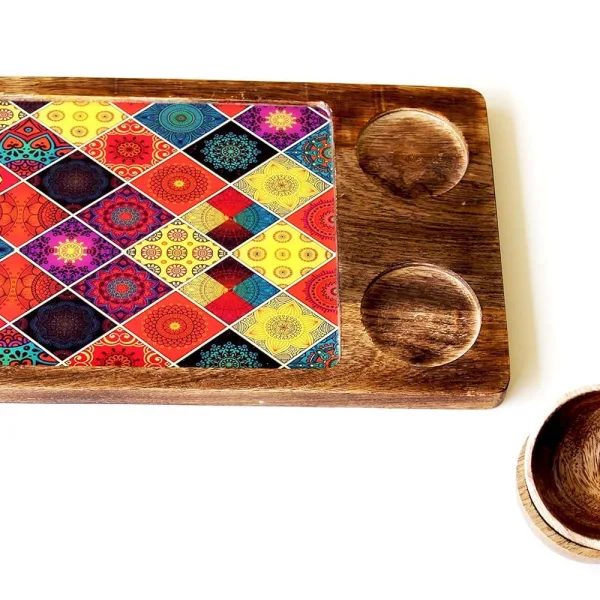 Square Mango Wood Serving Tray With Two Bowl Appetizer Set 12x8 Inch