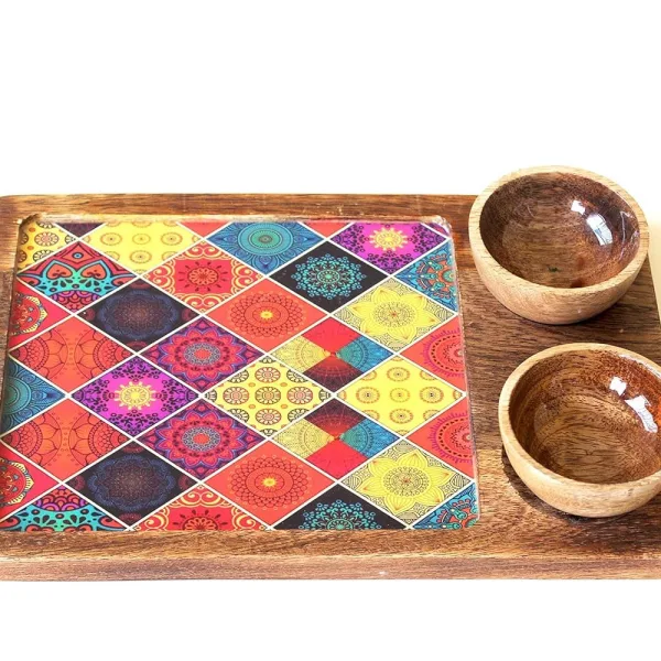 Square Mango Wood Serving Tray With Two Bowl Appetizer Set 12x8 Inch