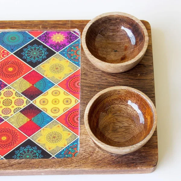 Square Mango Wood Serving Tray With Two Bowl Appetizer Set 12x8 Inch