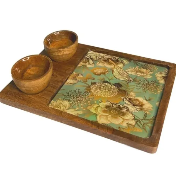 Printed Mango Wood Snack Platter With Two Bowl Set 30x20 Cm