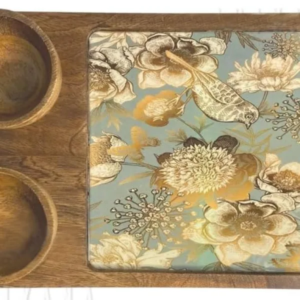 Printed Mango Wood Snack Platter With Two Bowl Set 30x20 Cm