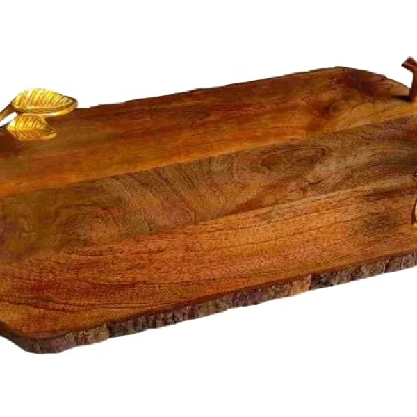 Mango Wood Rectangular Serving Tray With Elegant Gold Handles 18x10 Inch