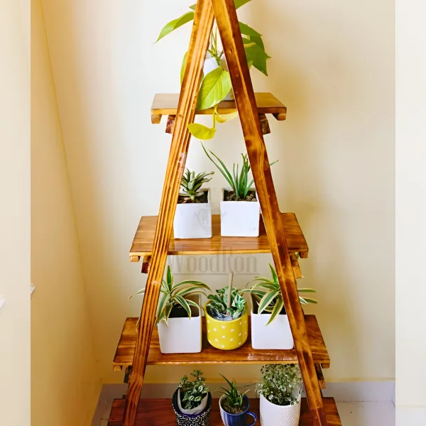 Premium 4 Tier Pinewood Ladder Shelf for Living Room Decor