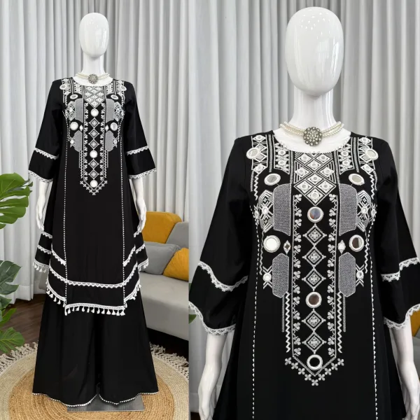 Black and White Embroidered Kurta Set with Palazzo Pants Black & White
