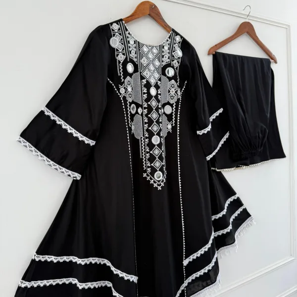 Black and White Embroidered Kurta Set with Palazzo Pants Black & White