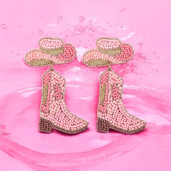 Pink Beaded Cowboy Boot and Hat Statement Earrings