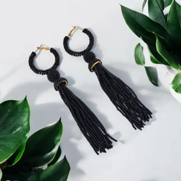 Elegant Black Beaded Hoop Earrings with Tassel Detail