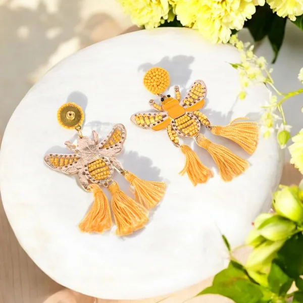 Yellow Beaded Bee Earrings with Tassel Accents – Statement Jewelry for a Bold Look
