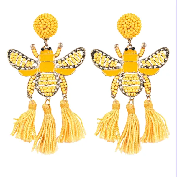 Yellow Beaded Bee Earrings with Tassel Accents – Statement Jewelry for a Bold Look