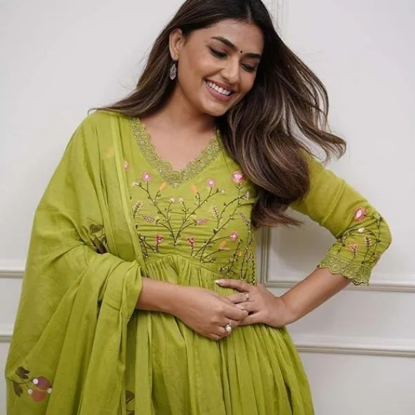 Women's Cotton Embroidered Anarkali Kurti with Pant and Dupatta Green