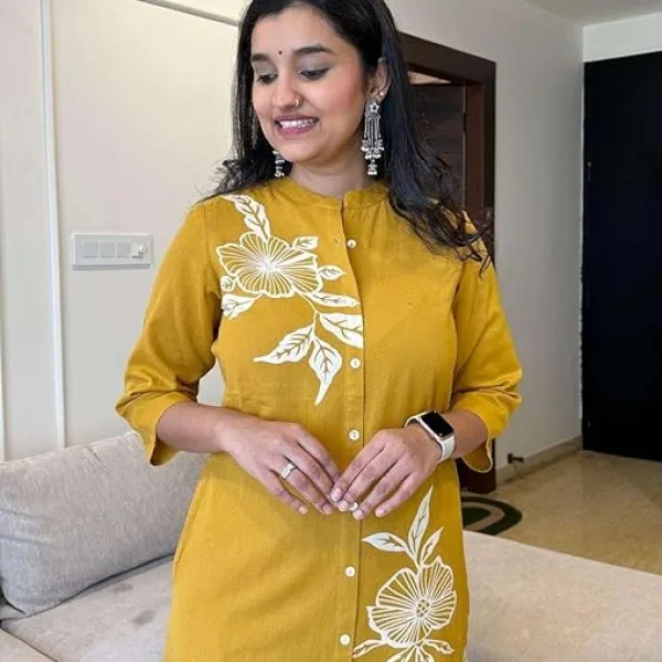 Women's Cotton Floral Print Straight Kurti with Pant Yellow Color