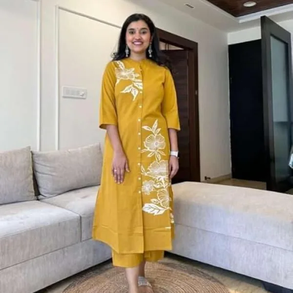 Women's Cotton Floral Print Straight Kurti with Pant Yellow Color
