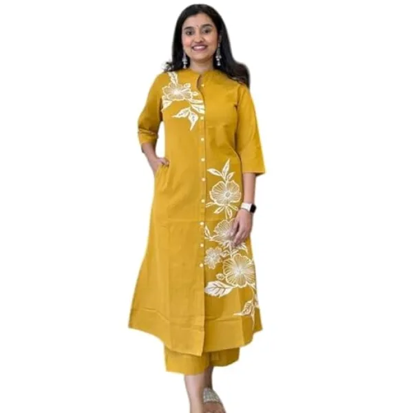 Women's Cotton Floral Print Straight Kurti with Pant Yellow Color