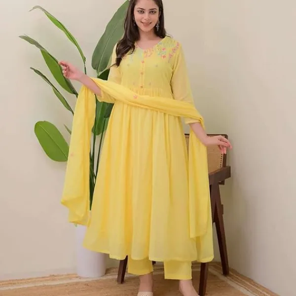 Women's Cotton Embroidered Anarkali Suit Set with Pant and Dupatta Yellow