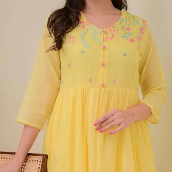 Women's Cotton Embroidered Anarkali Suit Set with Pant and Dupatta Yellow