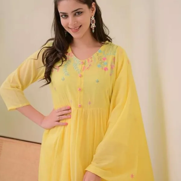 Women's Cotton Embroidered Anarkali Suit Set with Pant and Dupatta Yellow