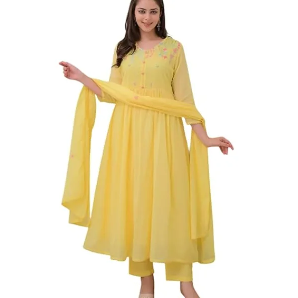Women's Cotton Embroidered Anarkali Suit Set with Pant and Dupatta Yellow