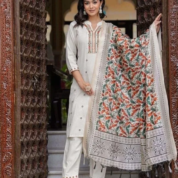 Women's Cotton Straight Kurti with Pant and Dupatta – Embroidered Ethnic Set