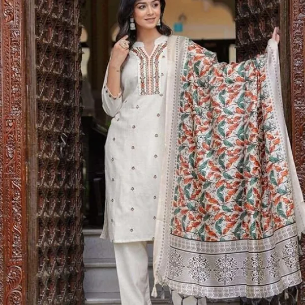 Women's Cotton Straight Kurti with Pant and Dupatta – Embroidered Ethnic Set