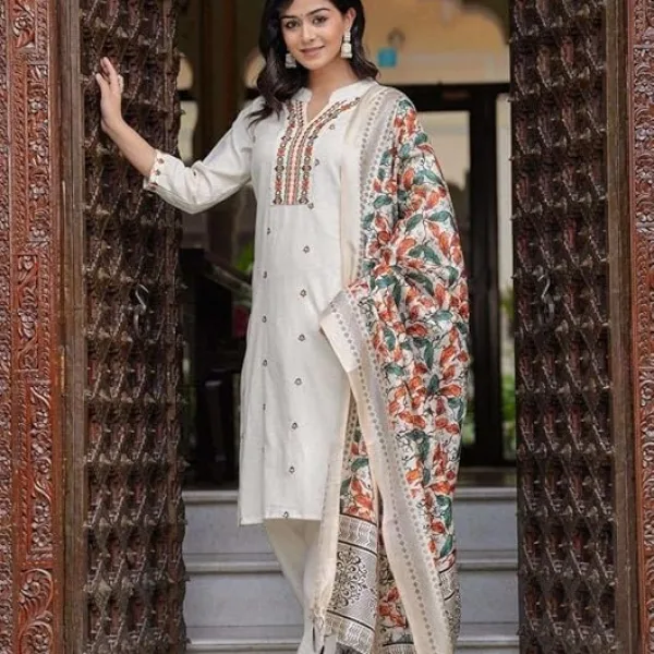 Women's Cotton Straight Kurti with Pant and Dupatta – Embroidered Ethnic Set