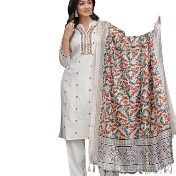 Women's Cotton Straight Kurti with Pant and Dupatta – Embroidered Ethnic Set
