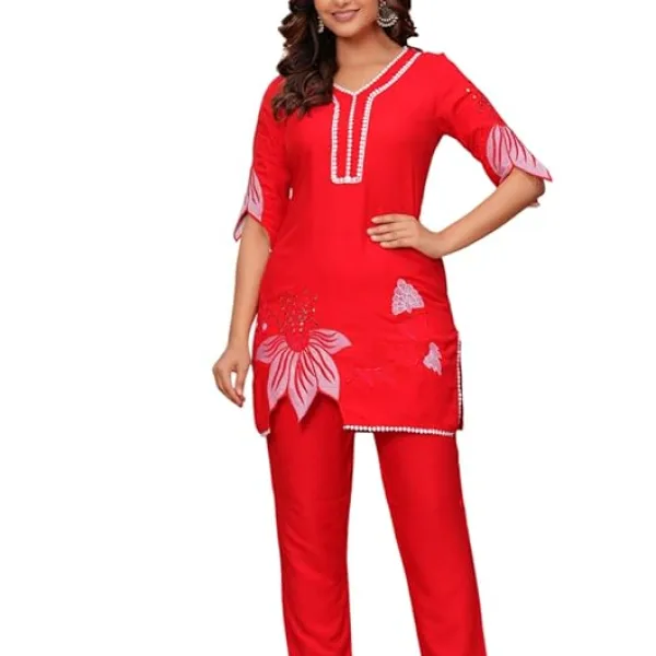 Women's Cotton Floral Printed Short Straight Kurti with Pant