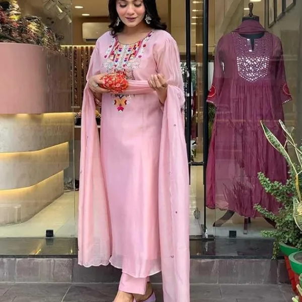 Women's Cotton Mirror Work Embroidered Straight Kurti with Pant and Dupatta Set