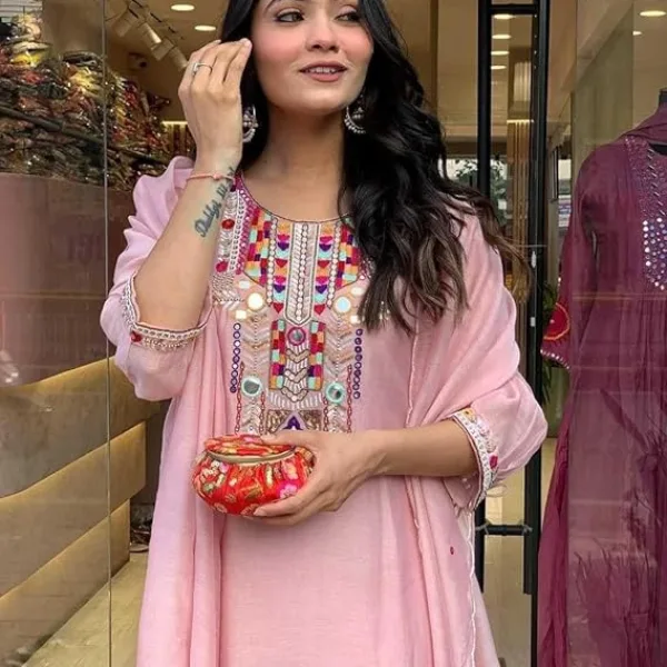 Women's Cotton Mirror Work Embroidered Straight Kurti with Pant and Dupatta Set
