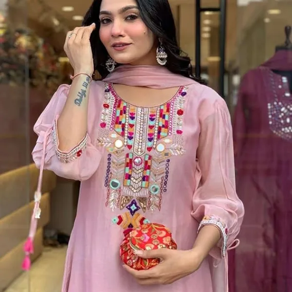 Women's Cotton Mirror Work Embroidered Straight Kurti with Pant and Dupatta Set