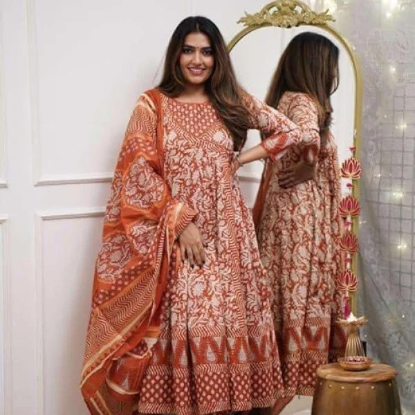 Womens Cotton Floral Print Anarkali Kurti Pant and Mulmul Dupatta Ethnic Set