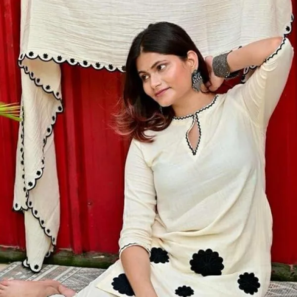 Women's Cotton Embroidered Floral Patchwork Kurti with Pant and Dupatta Set