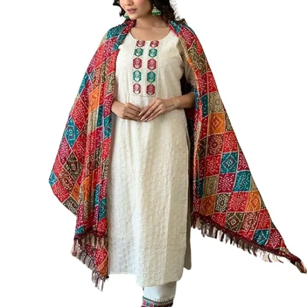 Women's Cotton Chikankari Print Straight Kurti with Pant andMulmul Dupatta Set