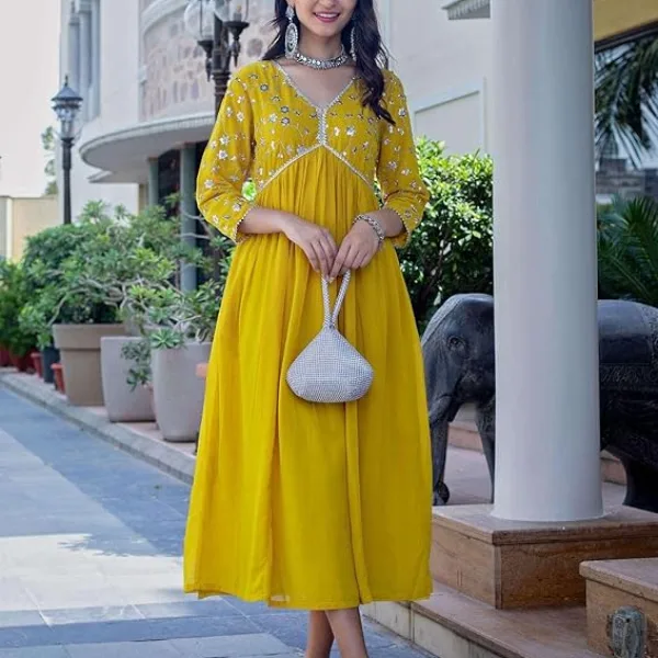 Womens Rayon Embroidered Georgette Fit and Flare Dress Yellow