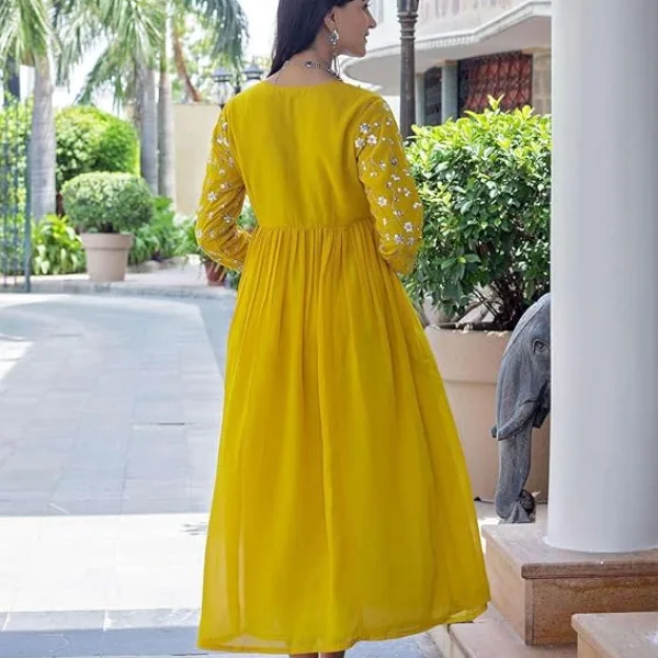 Womens Rayon Embroidered Georgette Fit and Flare Dress Yellow