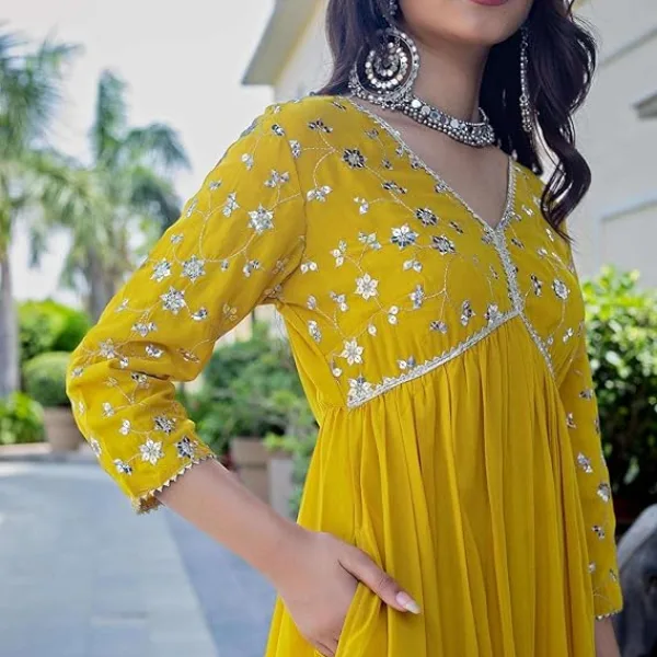 Womens Rayon Embroidered Georgette Fit and Flare Dress Yellow