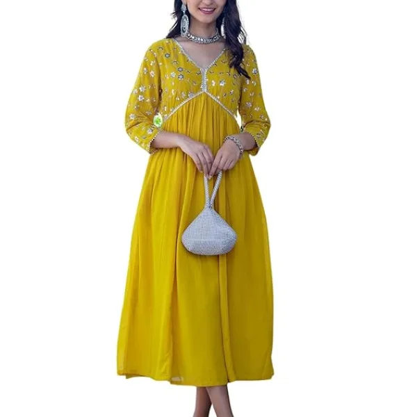 Womens Rayon Embroidered Georgette Fit and Flare Dress Yellow