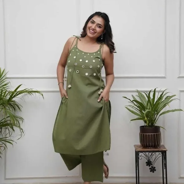 Womens Cotton Embroidered Sleeveless Kurti and Ankle Length Pant Set