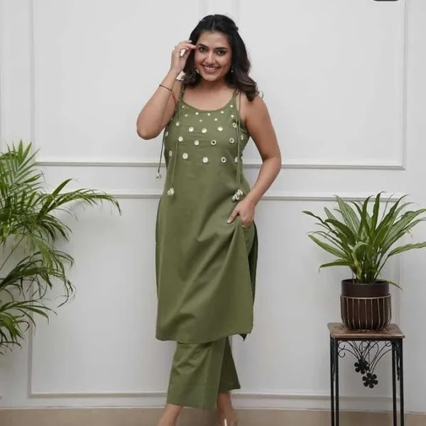 Womens Cotton Embroidered Sleeveless Kurti and Ankle Length Pant Set