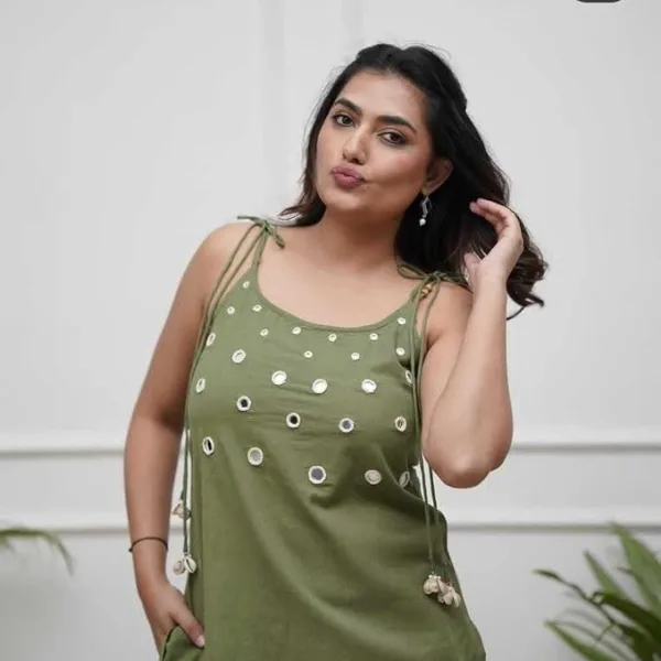 Womens Cotton Embroidered Sleeveless Kurti and Ankle Length Pant Set