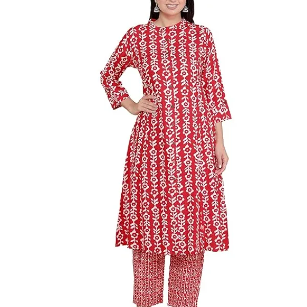 Womens Rayon Floral Printed Mandarin Collar A Line Kurti with Trousers