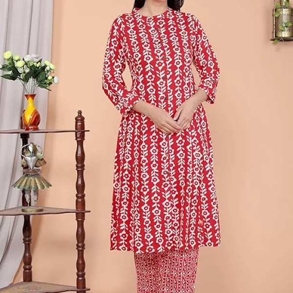Womens Rayon Floral Printed Mandarin Collar A Line Kurti with Trousers