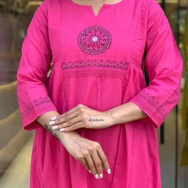 Women's Cotton Embroidery Handblock Floral Kurti Pant with Dupatta Set