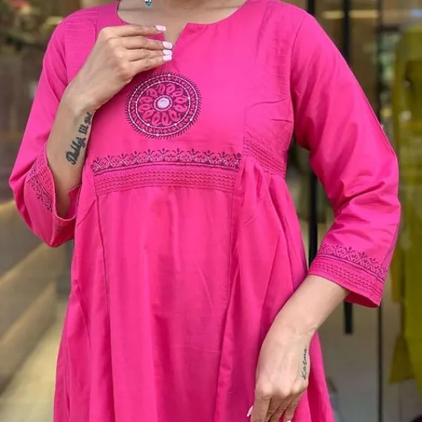 Women's Cotton Embroidery Handblock Floral Kurti Pant with Dupatta Set