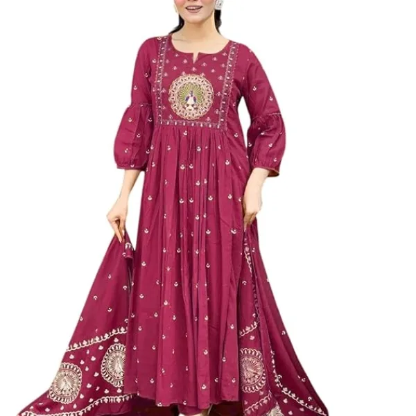 Women's Cotton Embroidered Anarkali Kurti with Malmal Dupatta Set