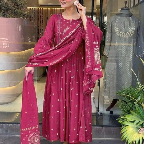 Women's Cotton Embroidered Anarkali Kurti with Malmal Dupatta Set