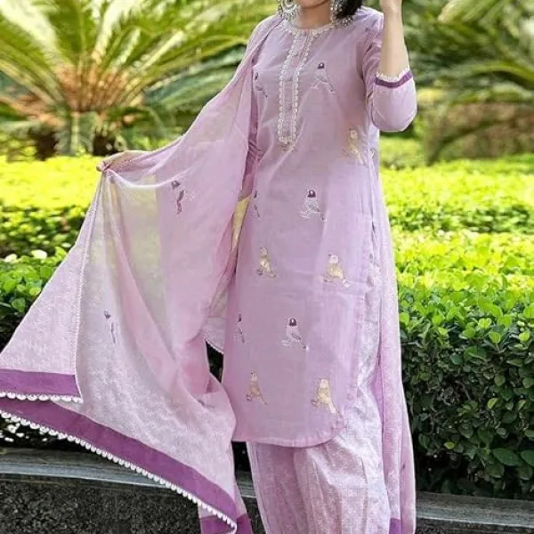 Women's Cotton Embroidered Straight Kurti with Pant and Dupatta Set